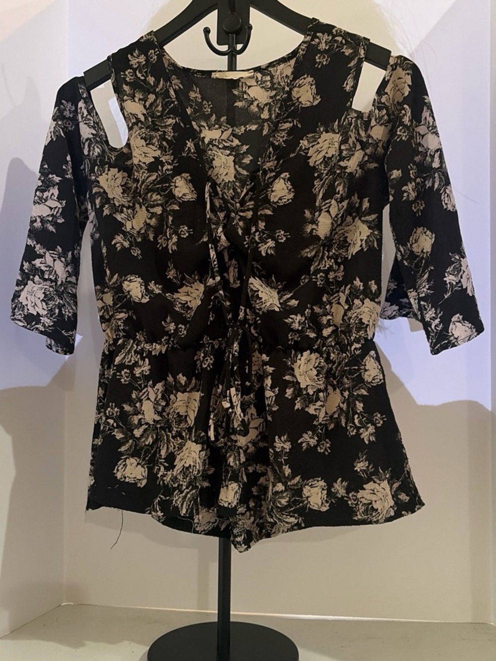 Millibon Black Floral Cold-Shoulder Tie-Front Top
